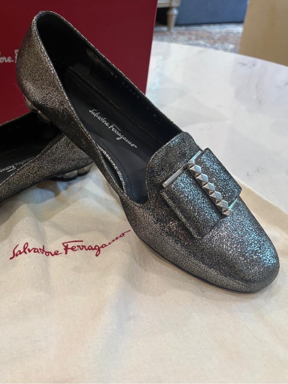 Salvatore Ferragamo Metallic Gunmetal Vara Bow Loafers